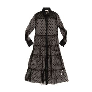 ZARA Womens Black Sheer Polka Dot Tulle Collared Button Up Maxi Dress. SZ Large